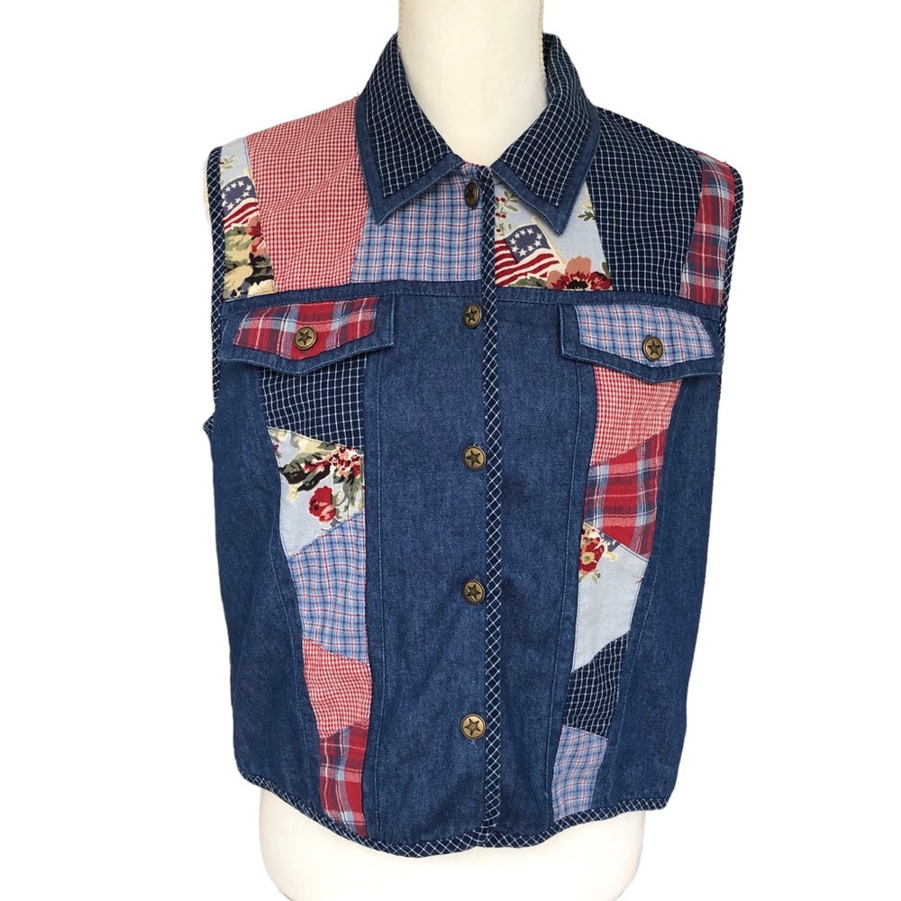 Vintage Patchwork Patriotic Collared Blue Denim V… - image 1